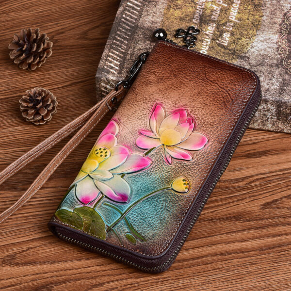 Women's Fashion First Layer Cowhide Zipper Embossed Coin Purse - Image 2