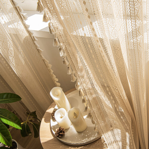⁦Wood Color Lace Mesh Curtains Living Room Bedroom⁩ - الصورة ⁦6⁩
