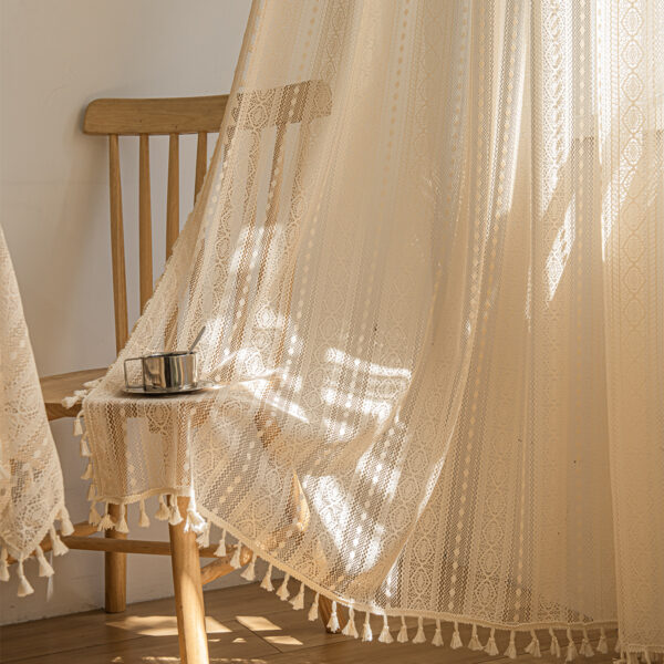 ⁦Wood Color Lace Mesh Curtains Living Room Bedroom⁩ - الصورة ⁦3⁩