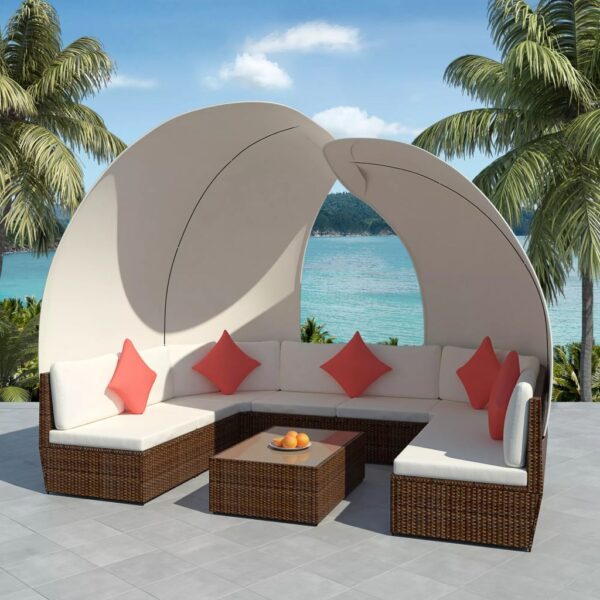⁦vidaXL 9 Piece Patio Lounge Set with Canopies Poly Rattan Brown⁩ - الصورة ⁦4⁩